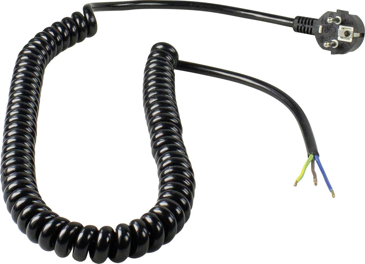 Black, spiral-shaped cable with a plug connector on one side; other side open with three exposed wires.