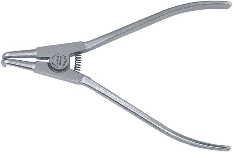 Pliers with curved tips for holding and manipulating objects. Primarily used in mechanical work.
