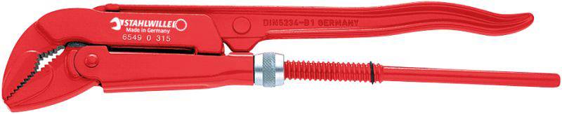 Red pipe wrench by 'STAHLWILLE', with adjustable sliding piece, suitable for work on large pipe diameters.