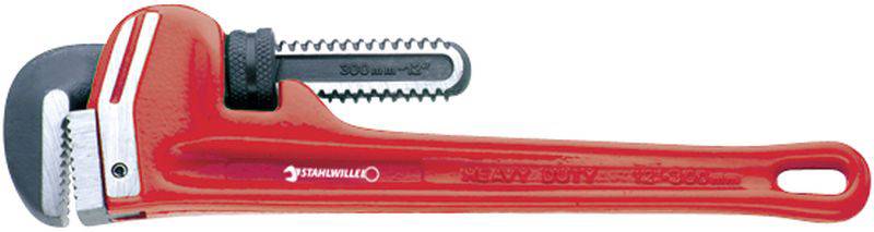 Red pipe wrench with black grip mechanism. Marking: 'Heavy Duty' and '300 mm – 12'. Designed for professional plumbing work.