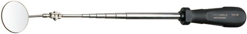 Telescopic inspection mirror with a black handle and extendable arm, used for checking hard-to-reach areas.