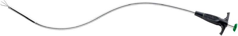 A surgical instrument with a curved, long handle and a fine forceps head, used for precise surgical procedures.