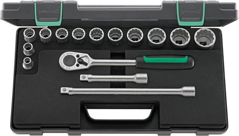 Tool set with ratchet, extensions and various sockets in an open, black plastic case.