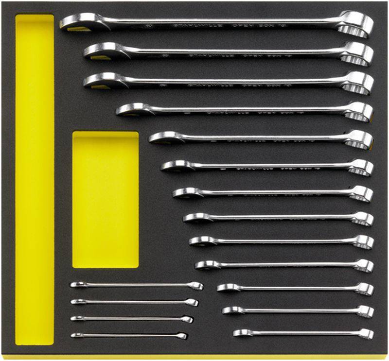Set of open-ended spanners of varying sizes, neatly arranged in a rectangular foam insert with a yellow background.