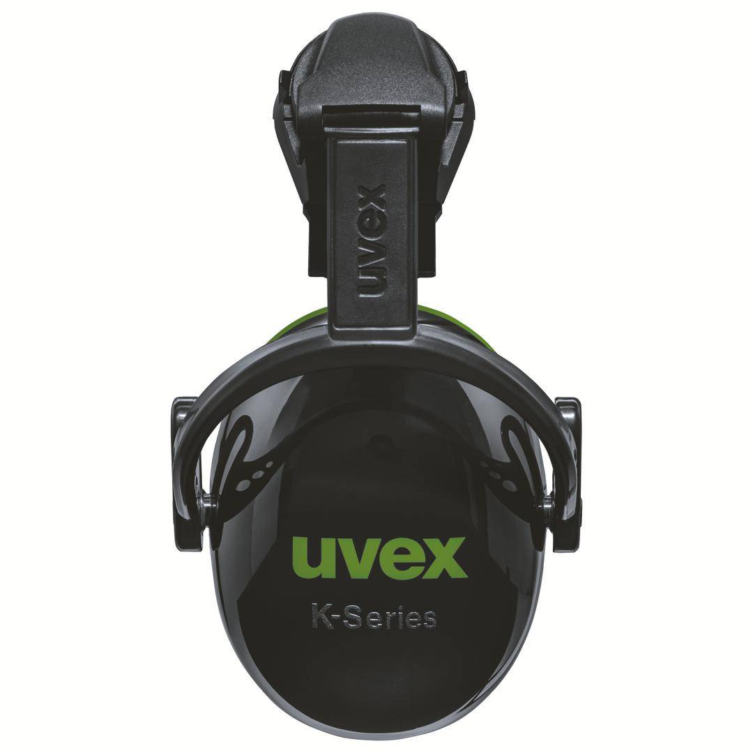 Black and green hearing protection with 'uvex' and 'K-Series' printed on them, suitable for noise reduction in loud environments.