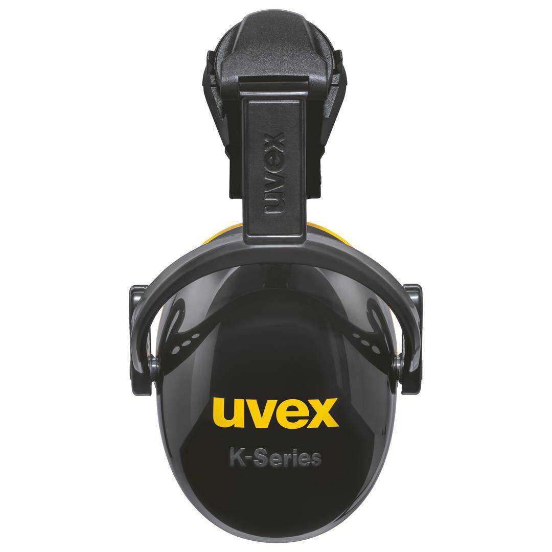 Black ear defenders by uvex, K-Series model, visible from above, with yellow company logo on the exterior.