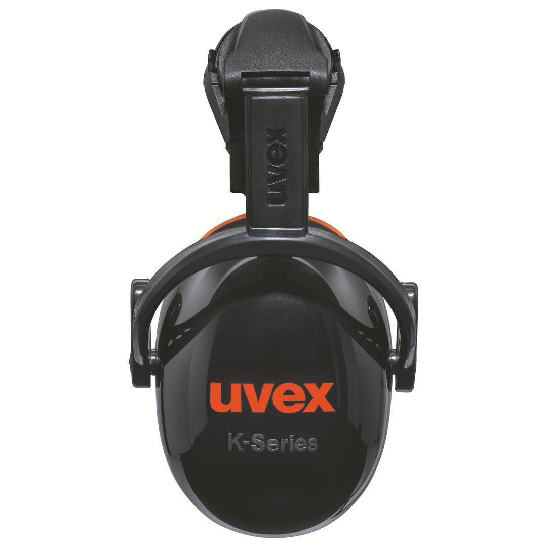 Black and orange ear protection headphones by 'uvex', 'K-Series' model, pictured from the front.