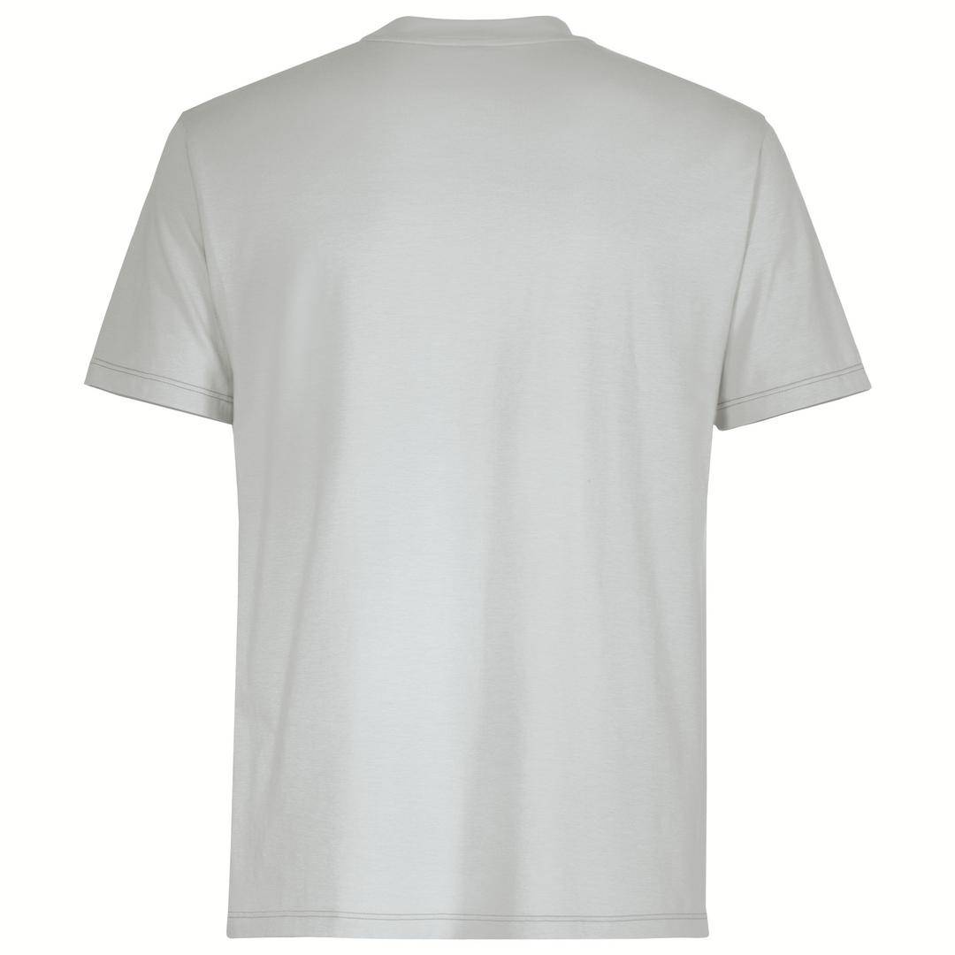 A simple, grey T-shirt is shown from behind, without any print or distinguishing features.