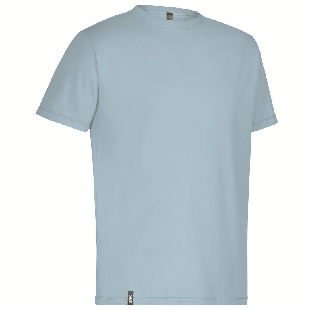 Light blue short-sleeved T-shirt with a round neck, simple design without print or pattern.