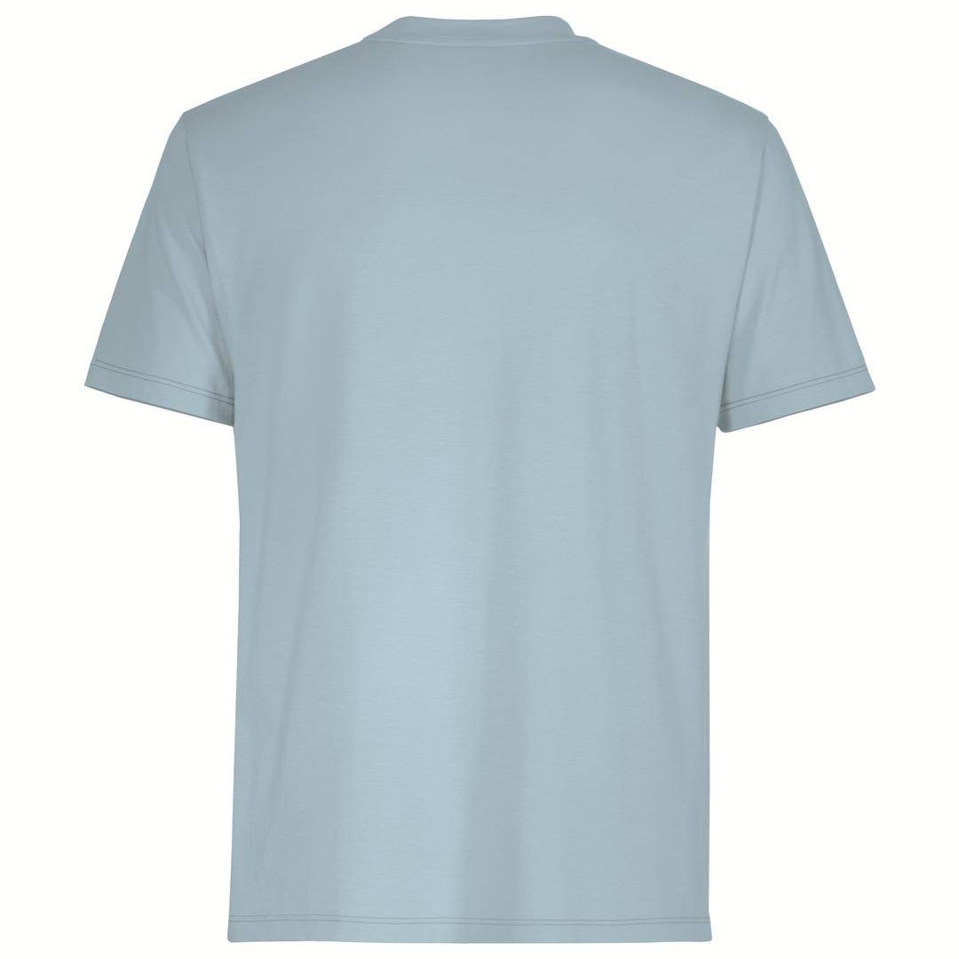 Blue T-shirt from the back, simple design without print, short sleeves.