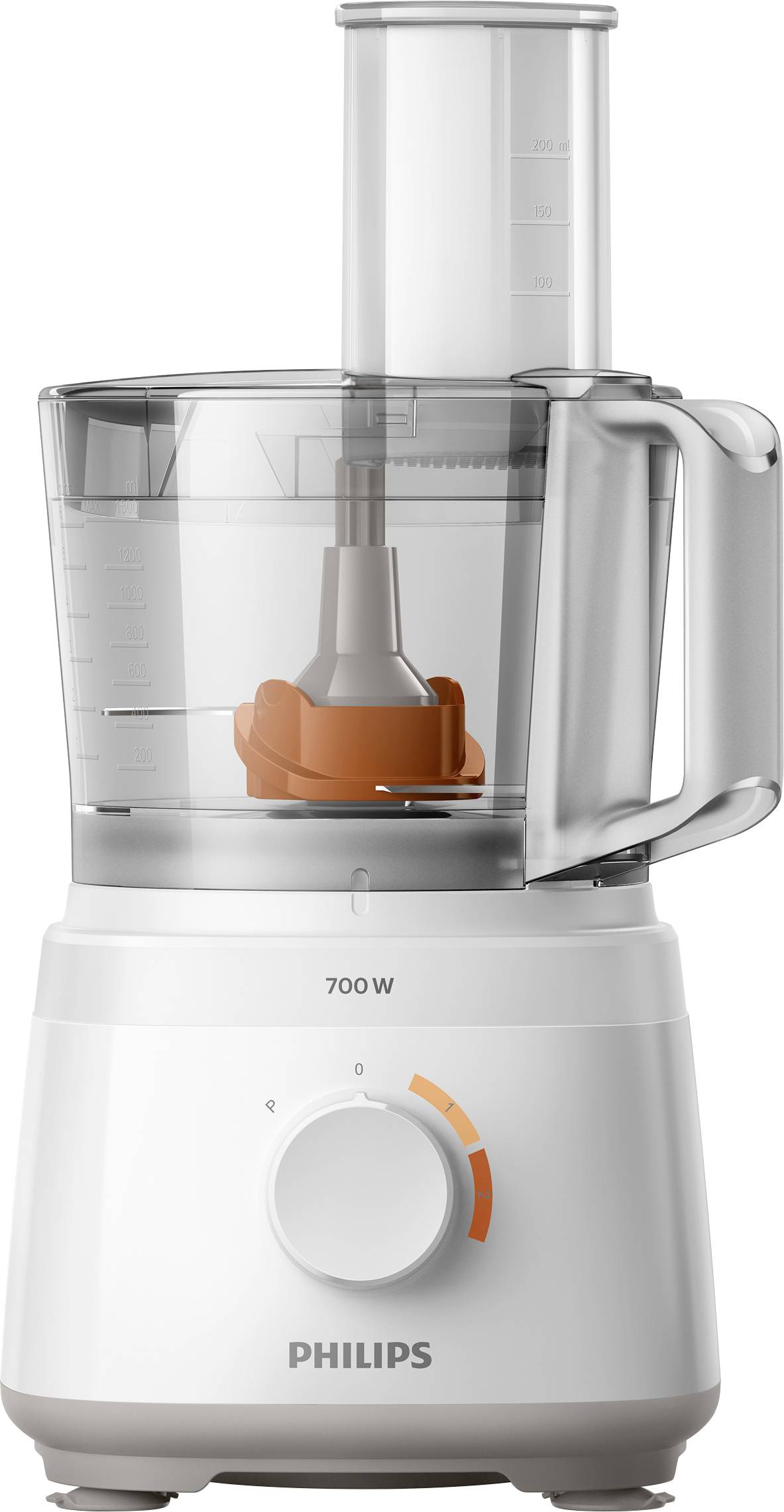A white food processor with a transparent container and an orange inner seal. Performance indicator shows '700 W'. Suitable for blending and chopping.