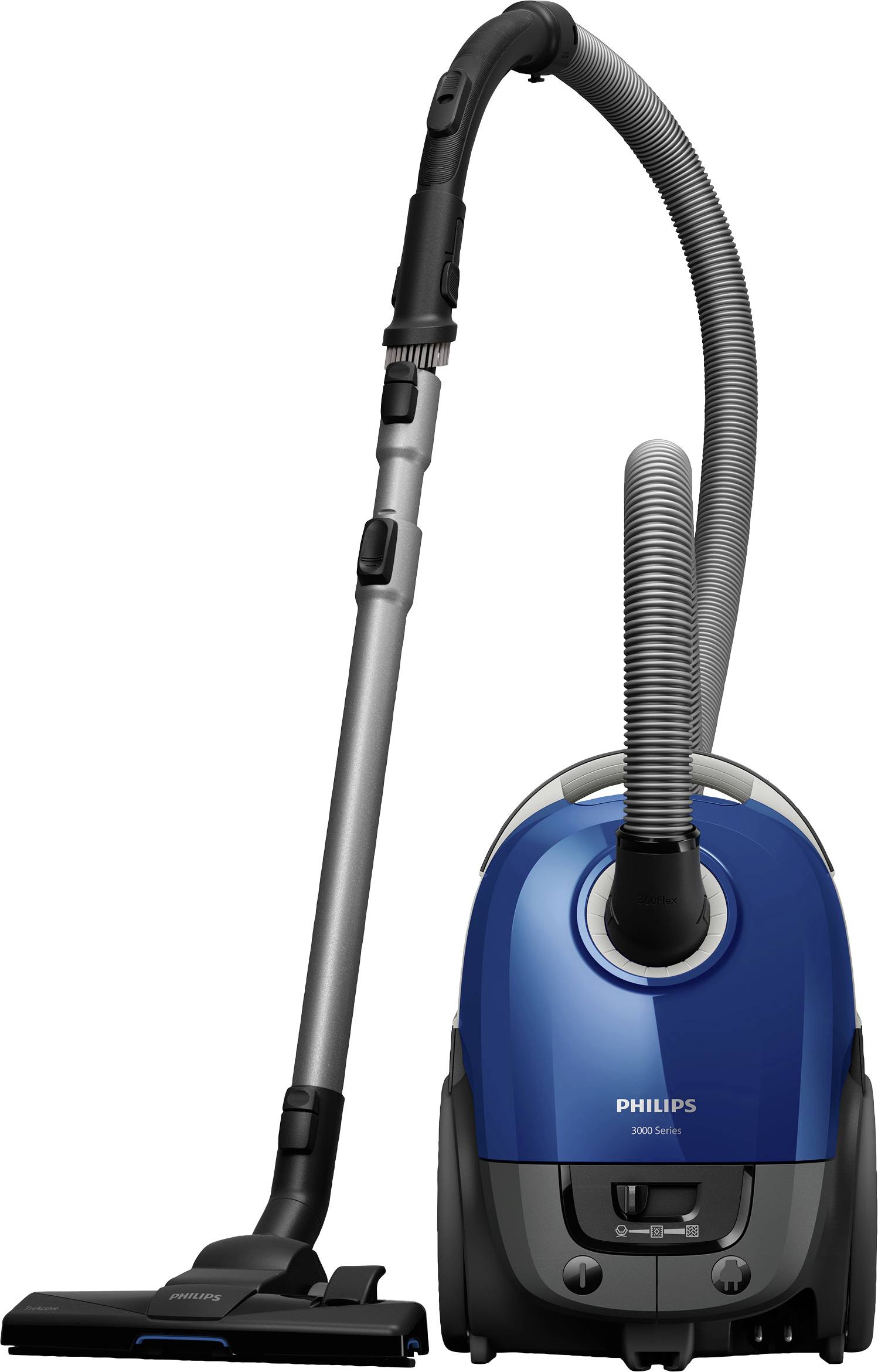 A blue vacuum cleaner with a long suction tube and floor nozzle. The brand name 'Philips' is on the front of the device.