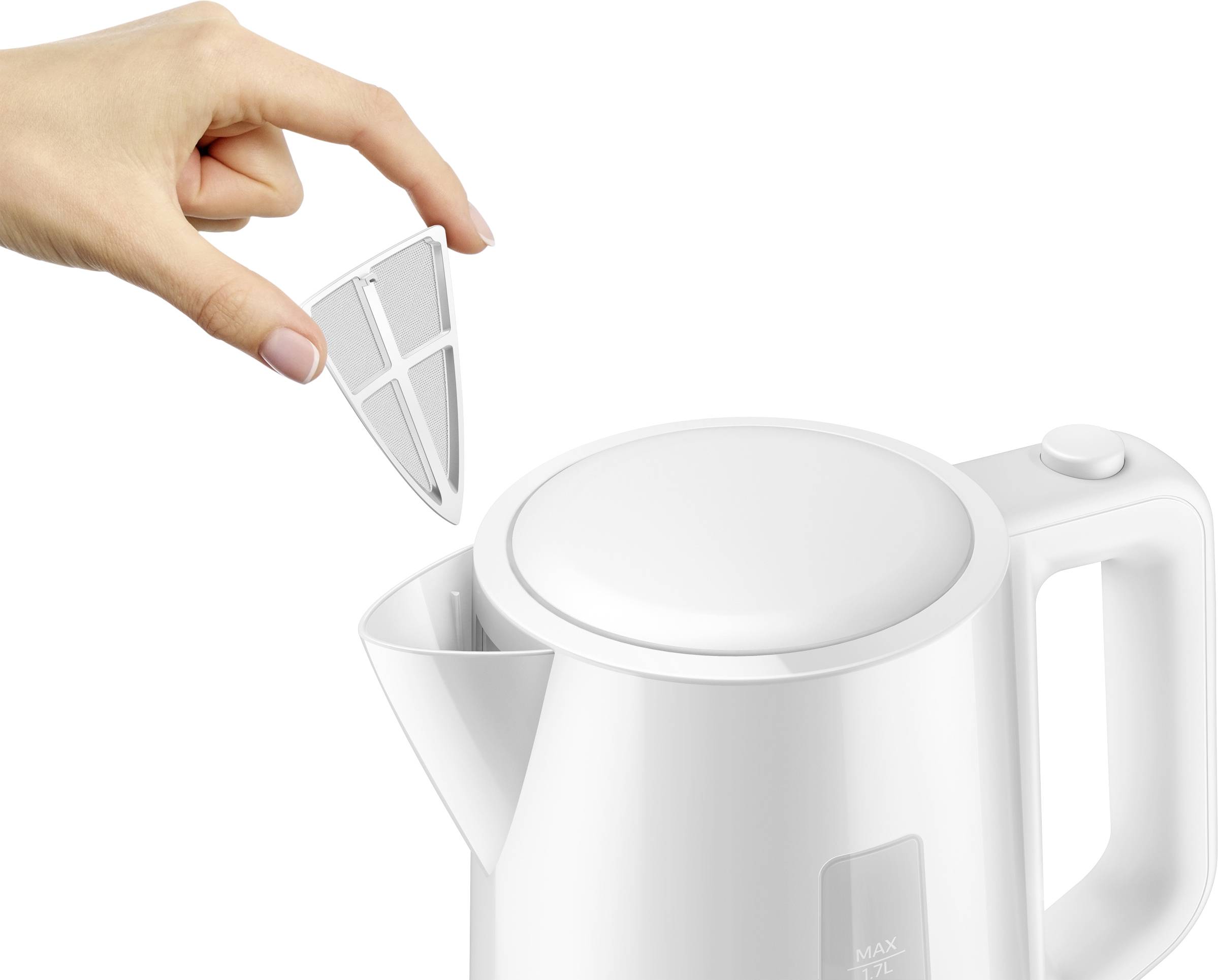 A hand removes a limescale filter from a white kettle. The kettle's lid is closed.