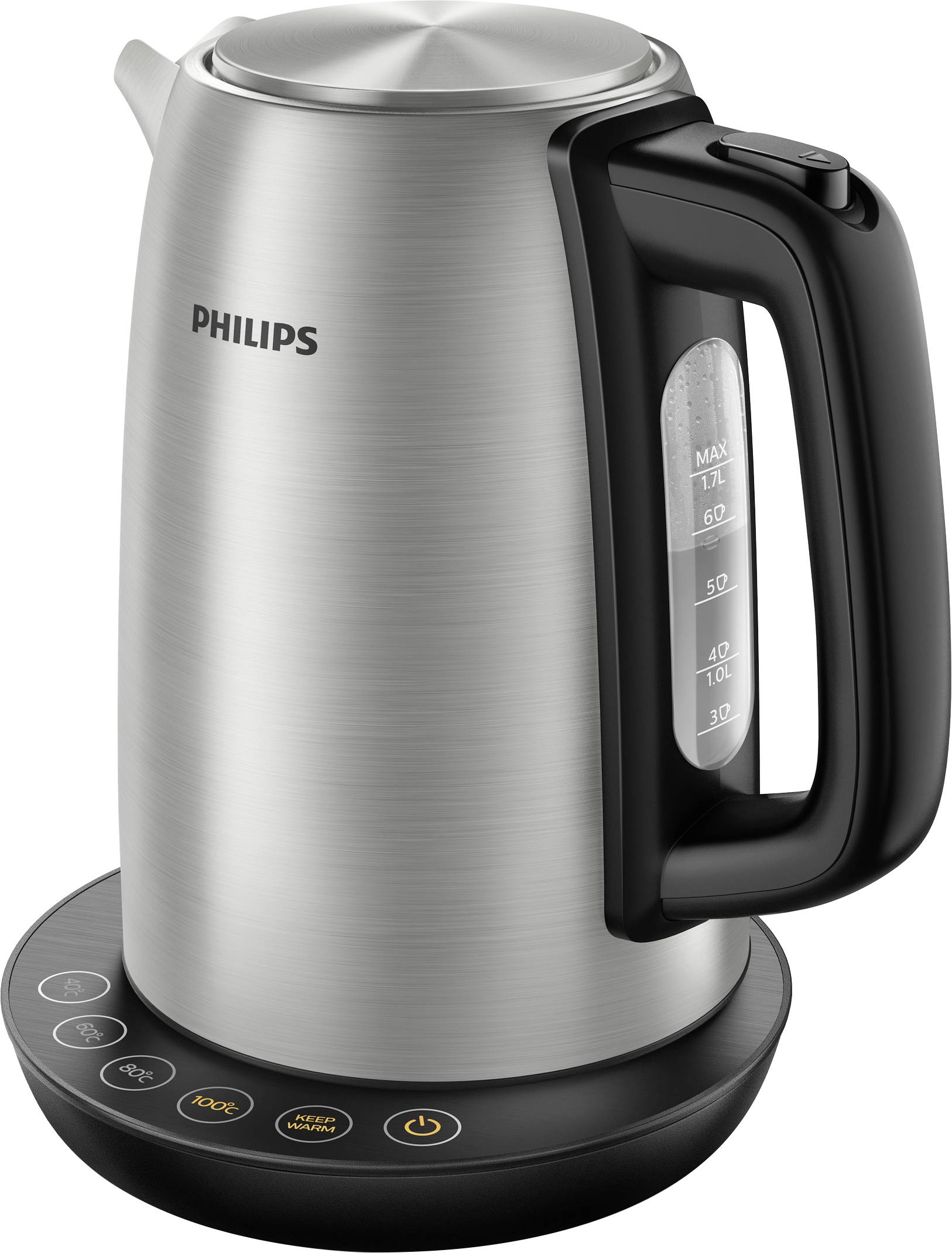 A silver kettle with a black handle and a digital base displaying temperature settings and a power button.