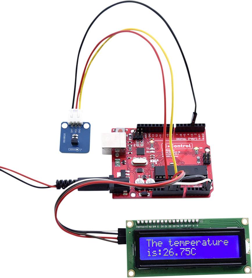 An Arduino circuit with a temperature sensor and an LCD display showing 'The temperature is: 26.75°C'