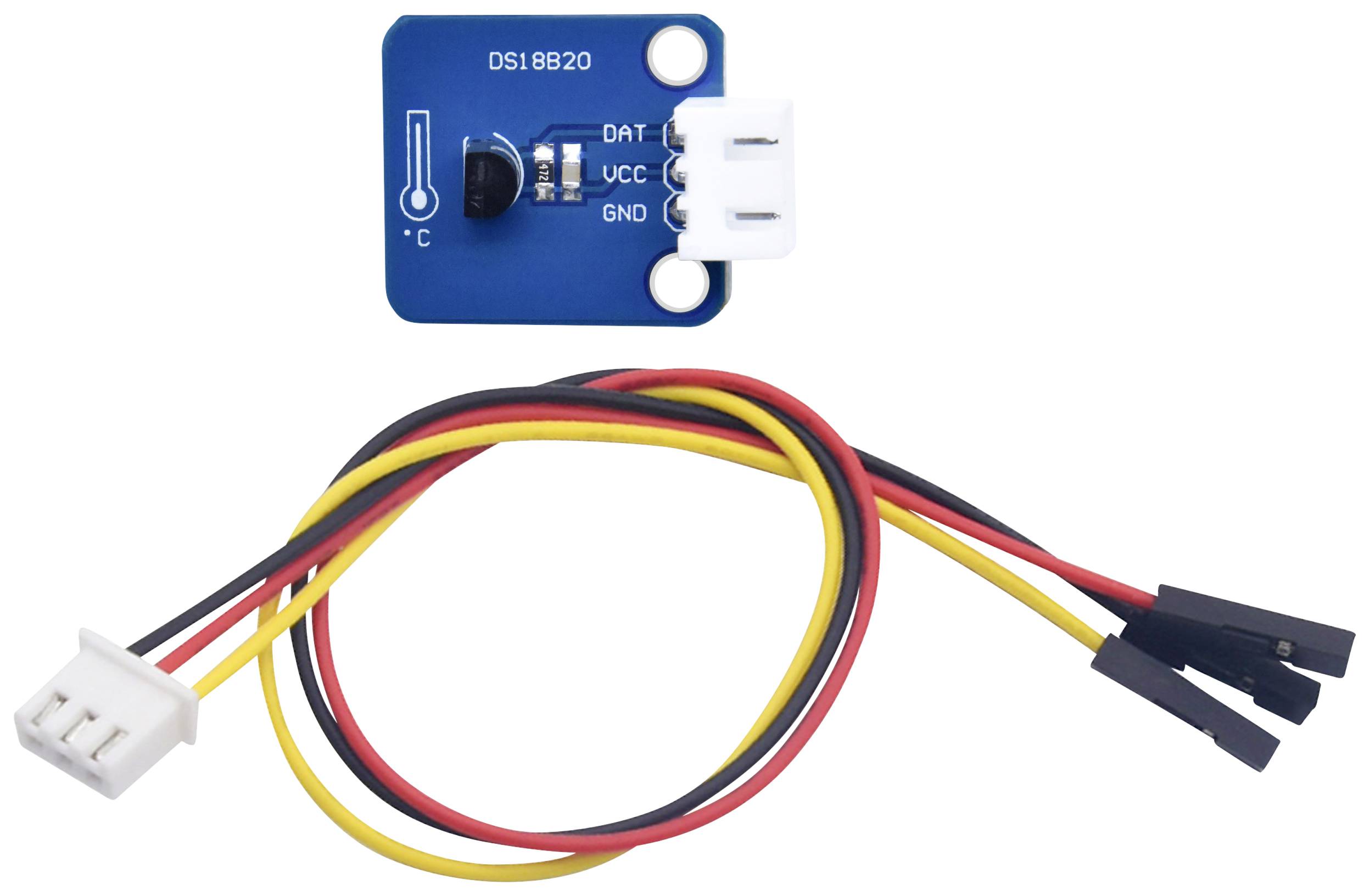 A blue DS18B20 temperature sensor with three connection points (DAT, VCC, GND) and a cable strand with three coloured wires.