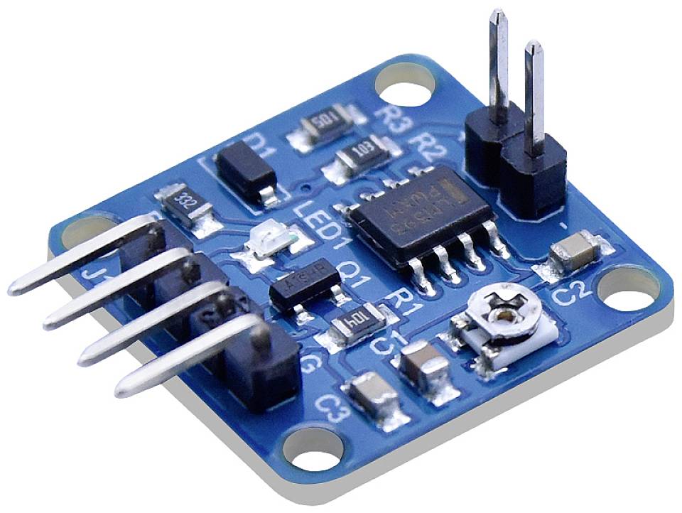 A blue electronic sensor with multiple pins and components on a rectangular circuit board for measuring movements.