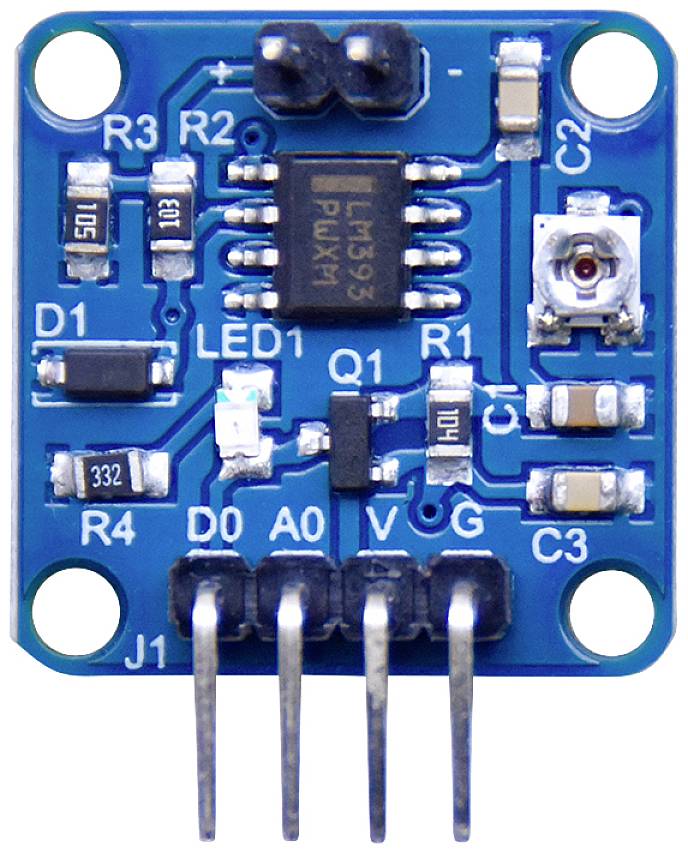Electronic module with integrated circuit, various resistors, capacitors and four pins along the bottom edge. Used for electronic circuits.