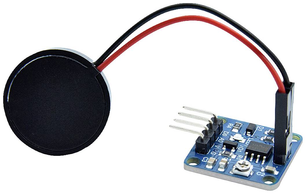 Sensor module with a round black sensor and cable on a circuit board. Used for touch or pressure detection.