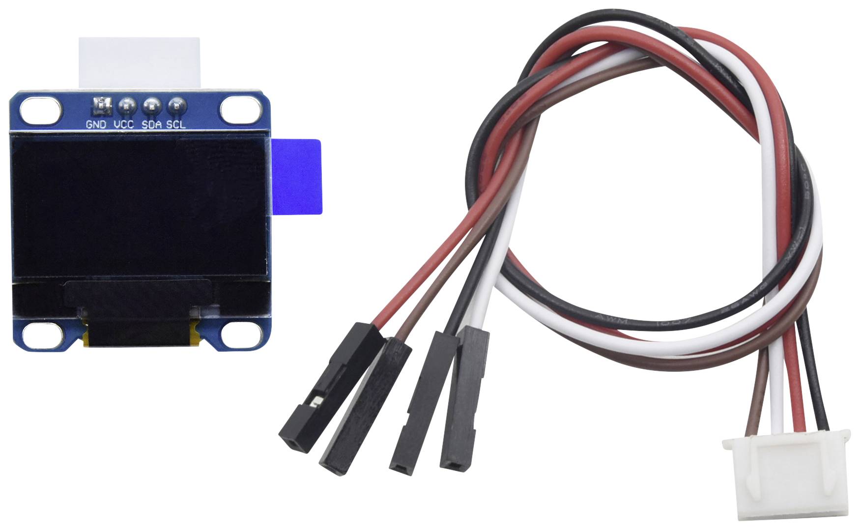 A small, rectangular OLED display module with a blue tab next to a cable bundle with connectors for electronic projects.