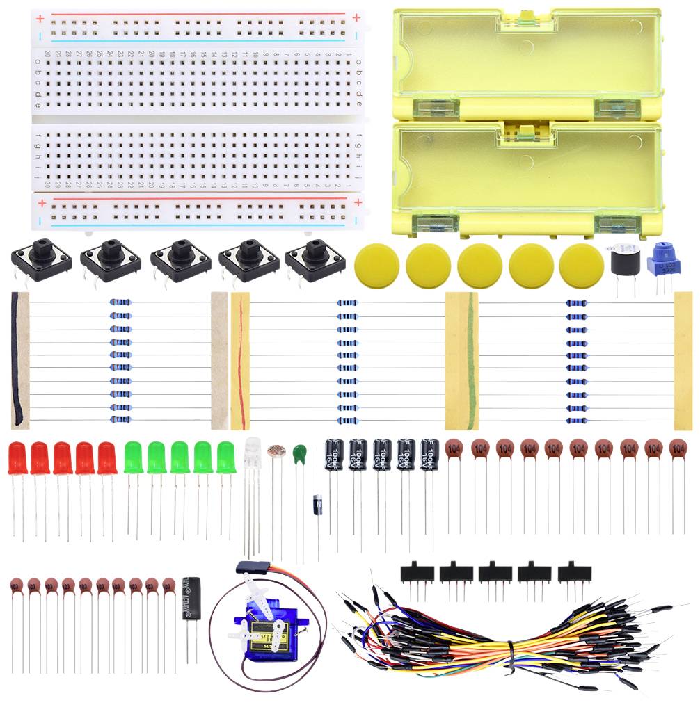 Electronic kit with breadboard, LEDs, resistors, buttons, capacitors, servo motor and jumper cables, shown as an overview.