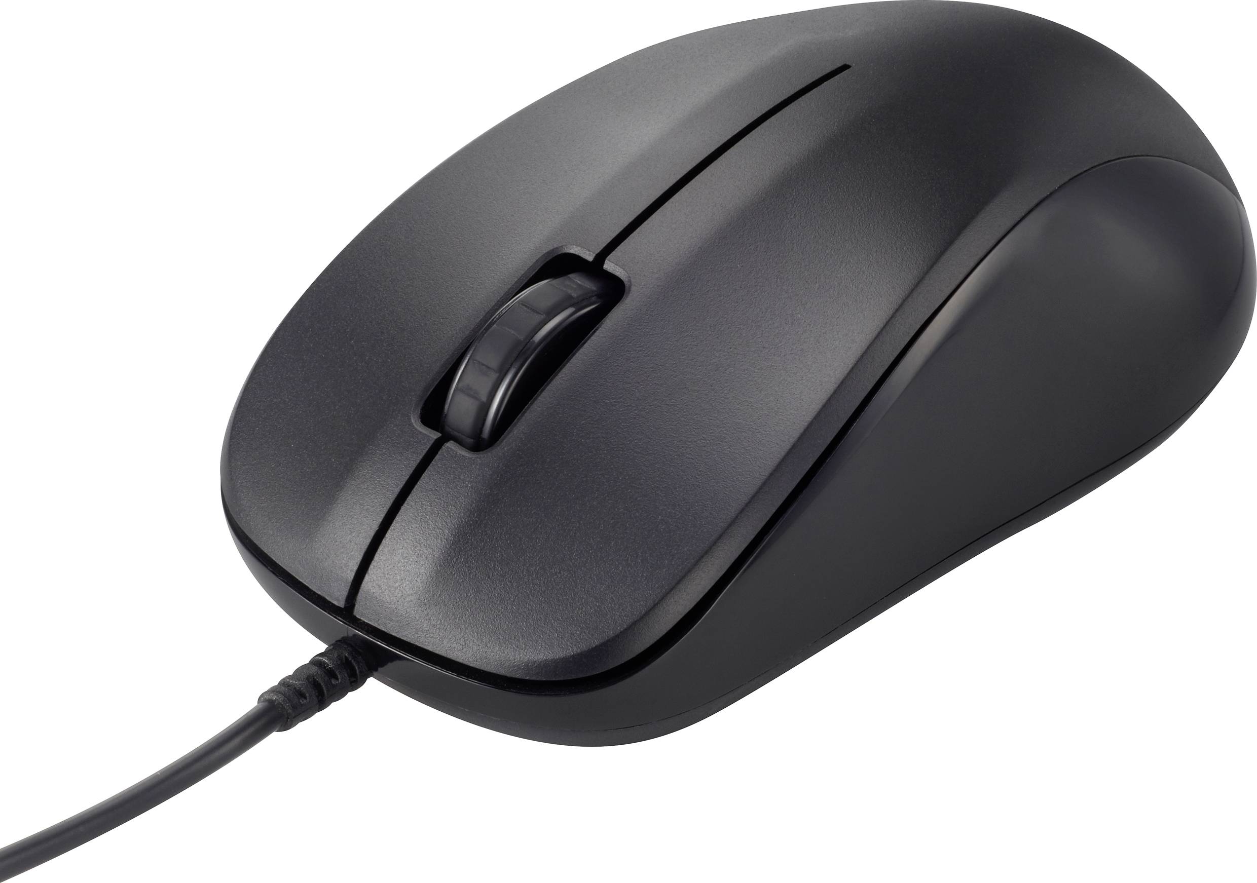 Black wired computer mouse with scroll wheel, side view.