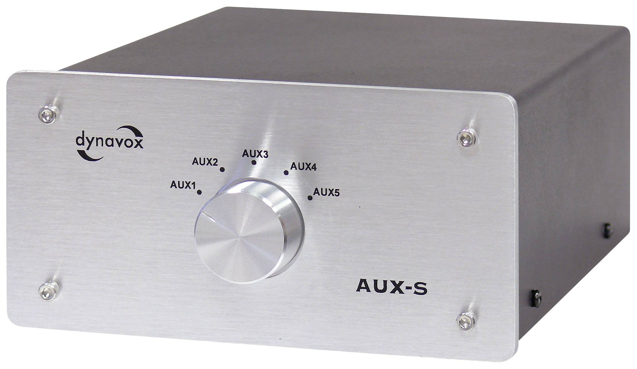Silver amplifier with the inscription 'dynavox' and 'AUX-S', five auxiliary connection options from AUX1 to AUX5 with rotary control knob.