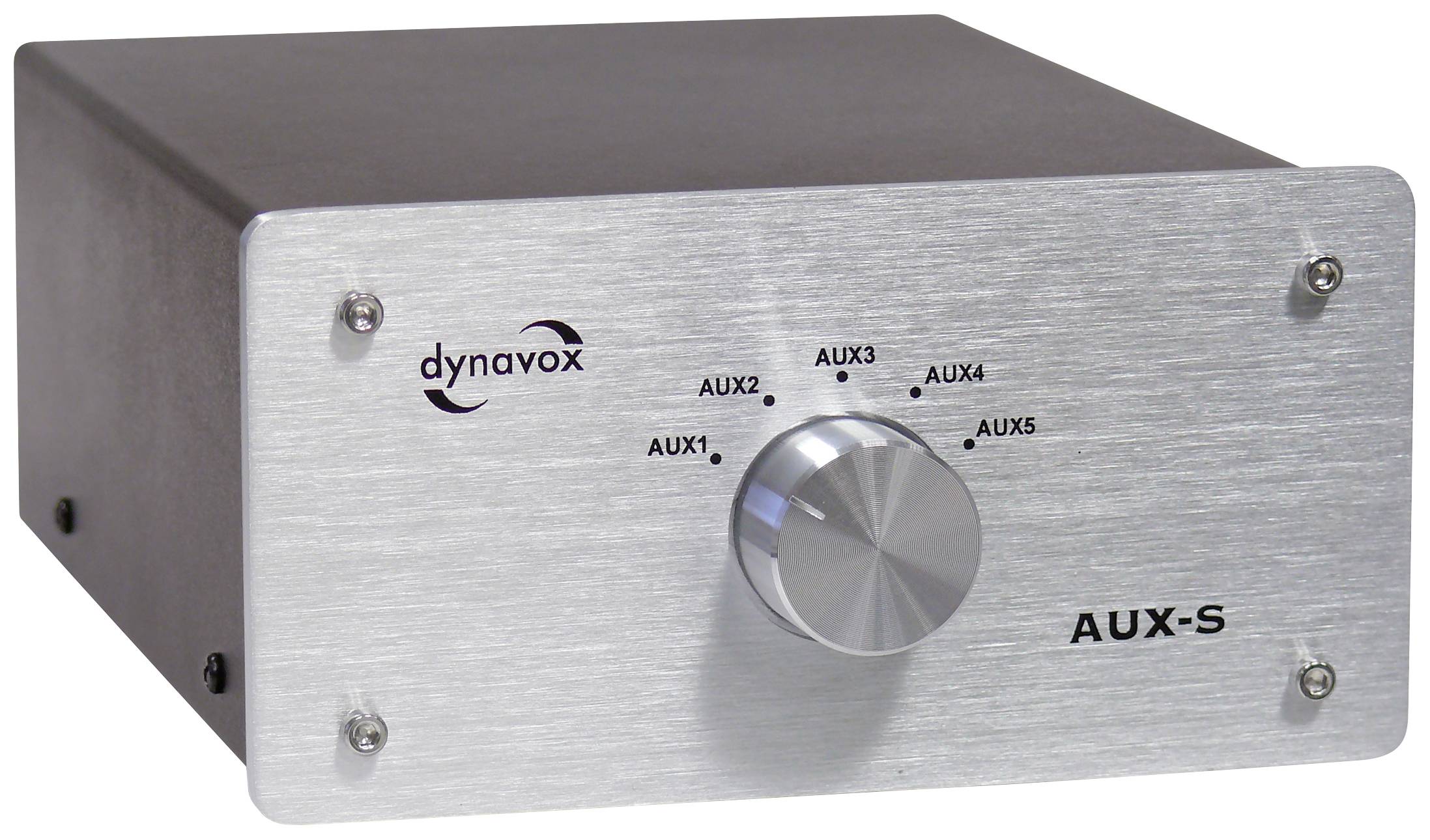 Metal switchbox with rotary knob to select between five AUX inputs, featuring 'dynavox' and 'AUX-S' logo on the front panel.