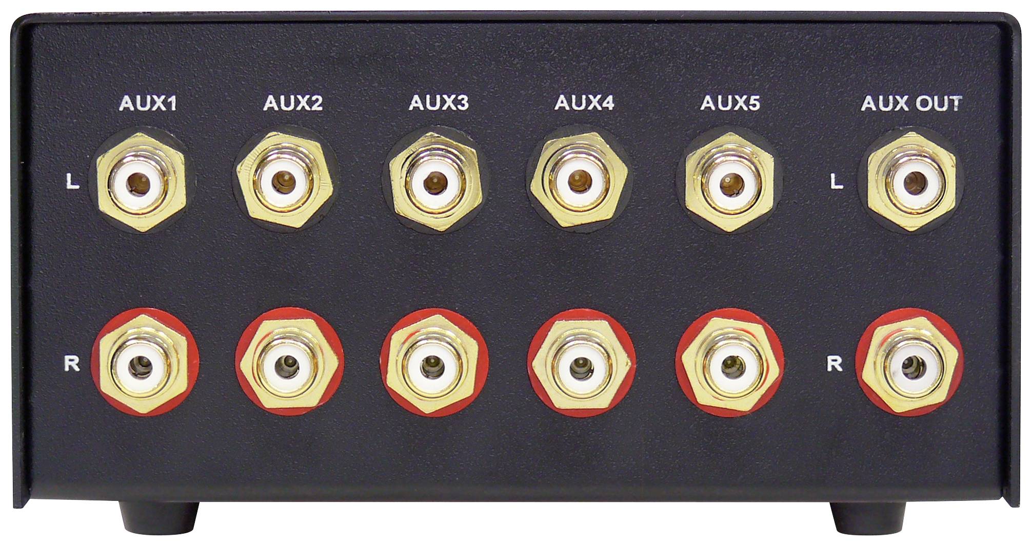 Back of an audio amplifier with six AUX inputs and one output. All connections are colour-coded and labelled.