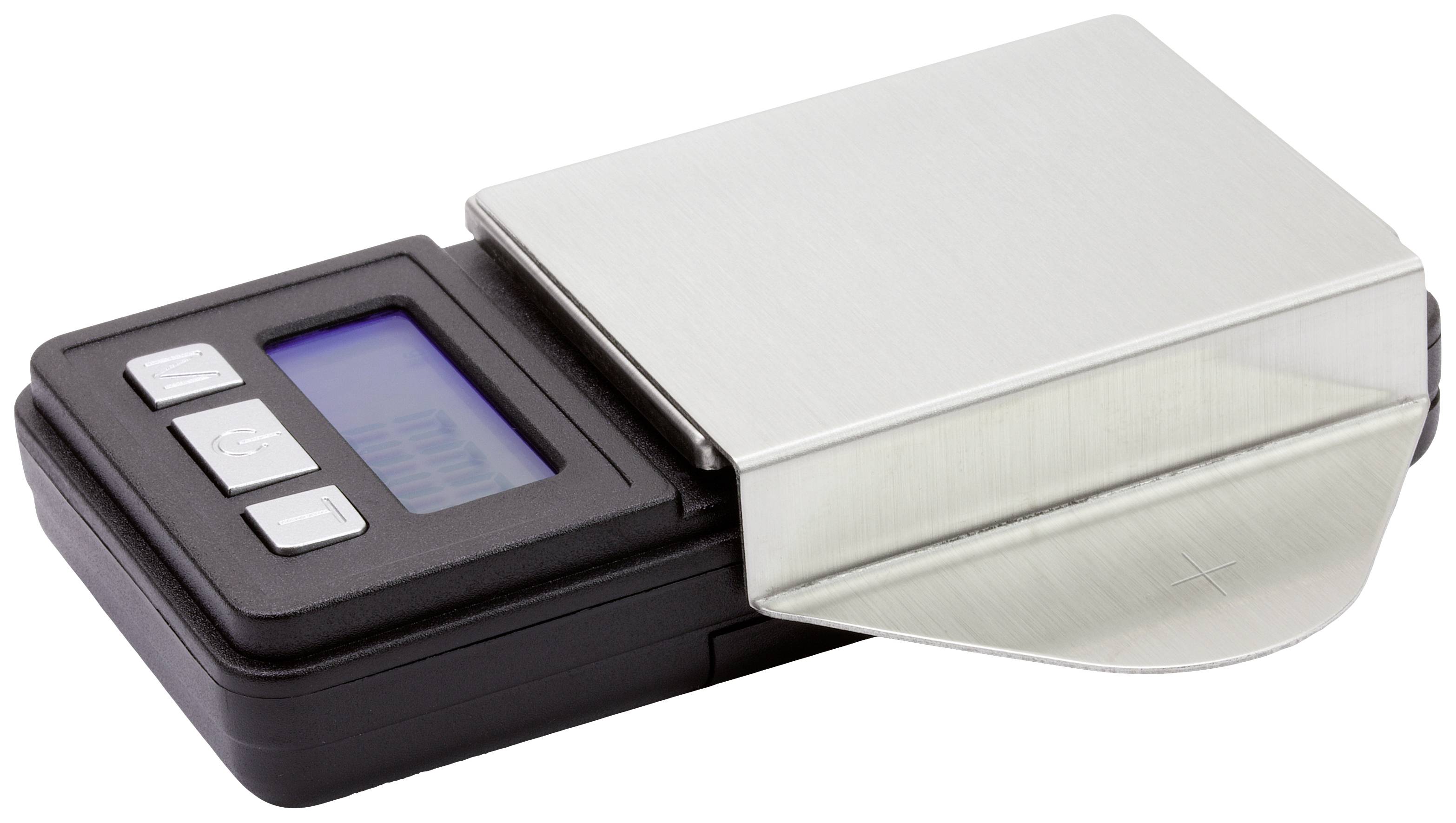 Digital kitchen scales with LCD display, black base and a stainless steel weighing surface. Perfect for precisely measuring small quantities.