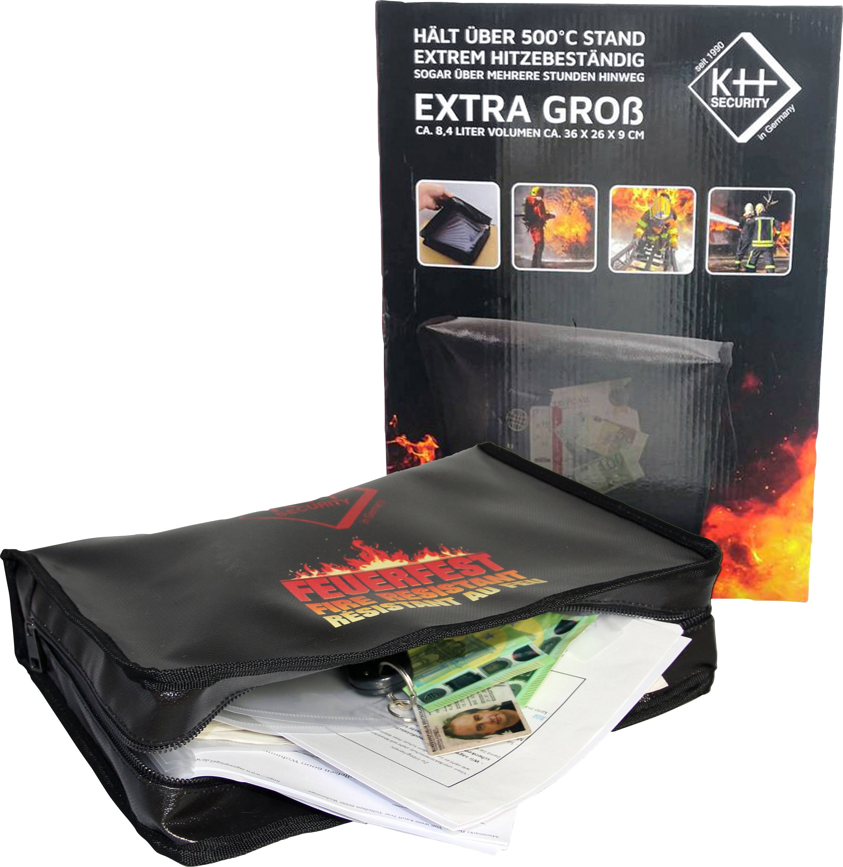 Fire-resistant bag with documents before packaging. Text on packaging: 'Withstands over 500°C, extremely heat-resistant, extra large'.