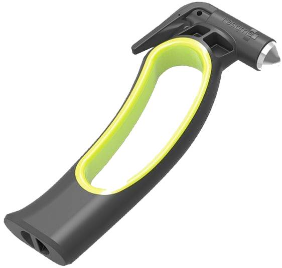 A black emergency car hammer with a yellow handle, equipped with a sharp metal head for breaking car windows in an emergency.