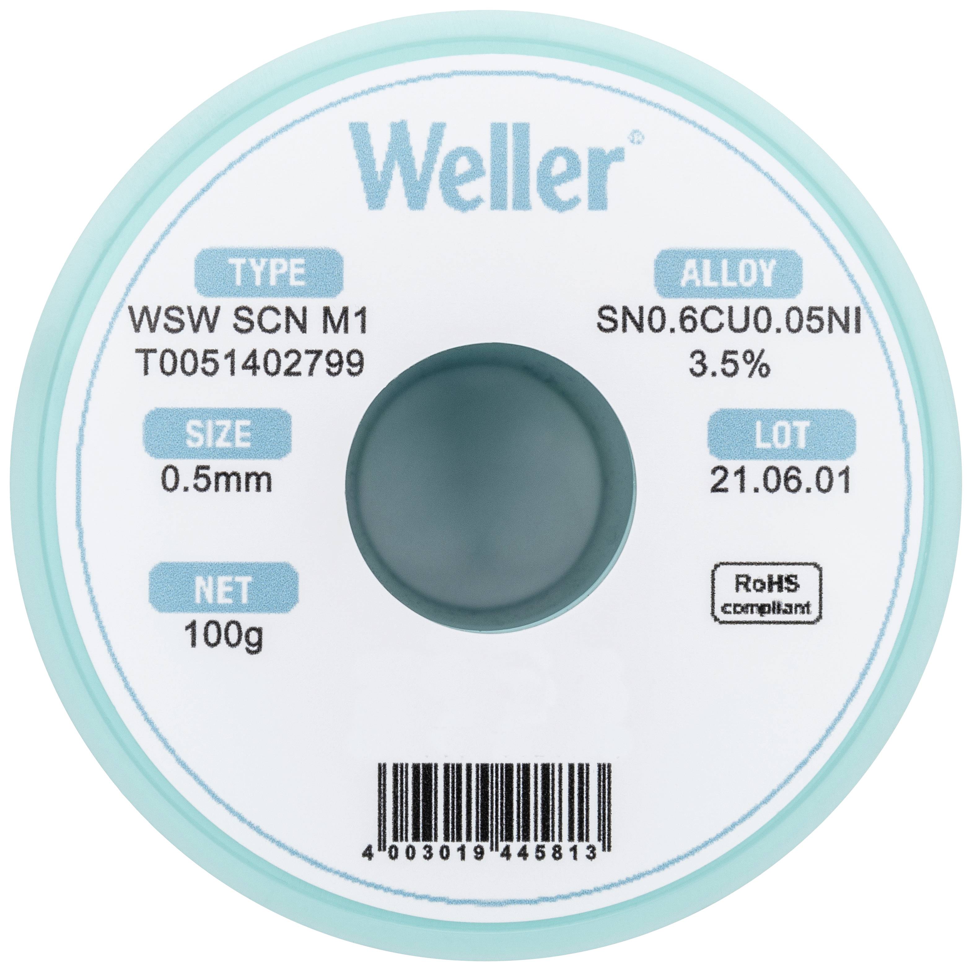 Label of a Soldering Spool. Brand 'Weller'. Type: WSW SCN M1. Alloy: SN0.6CU0.05NI 3.5%. Size: 0.5 mm. Net Weight: 100 g. Batch Number: 21.06.01.