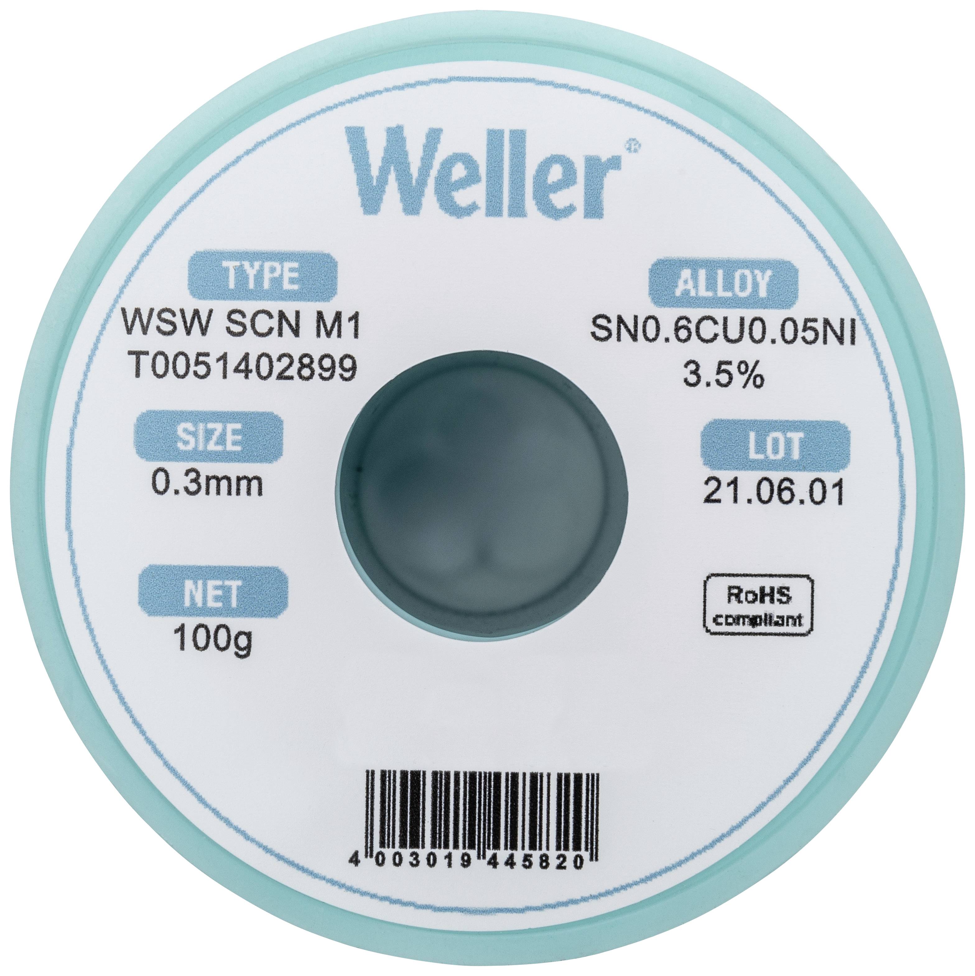 Solder tin reel with print: 'Weller'. Specifications: Type WSW SCN M1, Alloy SN0.6CU0.05NI 3.5%, Diameter 0.3 mm, Weight 100 g, Production date 21.06.01.
