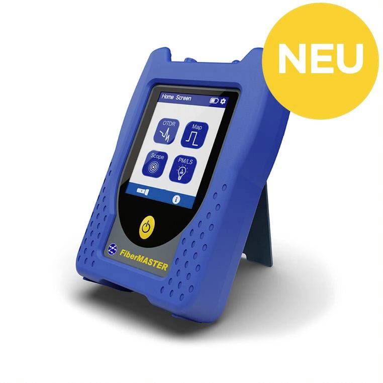 Blue handheld device with a screen for fibre optic testing, displaying test symbols; yellow circle at the top with 'NEW' indicating a new feature.