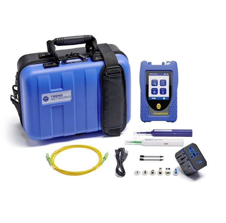 Blue hard-shell case with network testing device, various cables and adapters, suitable for network diagnostics.