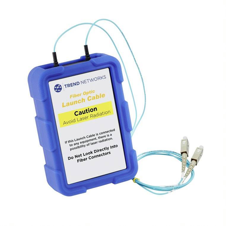 Blue fibre optic starter cable housing with two optical fibre cables. Text on the front warns: 'Avoid laser radiation'.