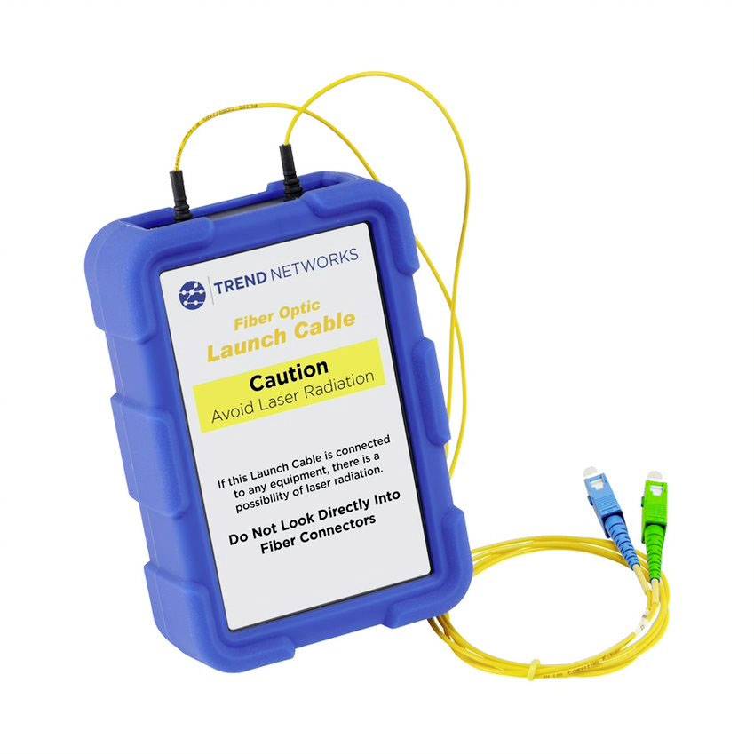 Blue casing with the inscription 'Fiber Optic Launch Cable', warning about laser radiation. Two yellow cables with green and blue connectors.