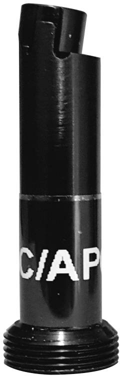 Black metal valve with 'C/A' inscription. Cylindrical with grooves at the lower end.