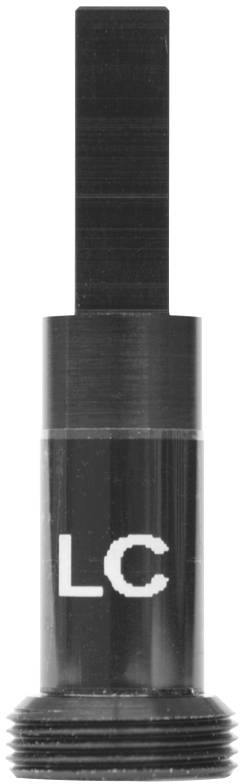 Black cylindrical metal part with threading and white 'LC' print. Upper section is flat and rectangular.