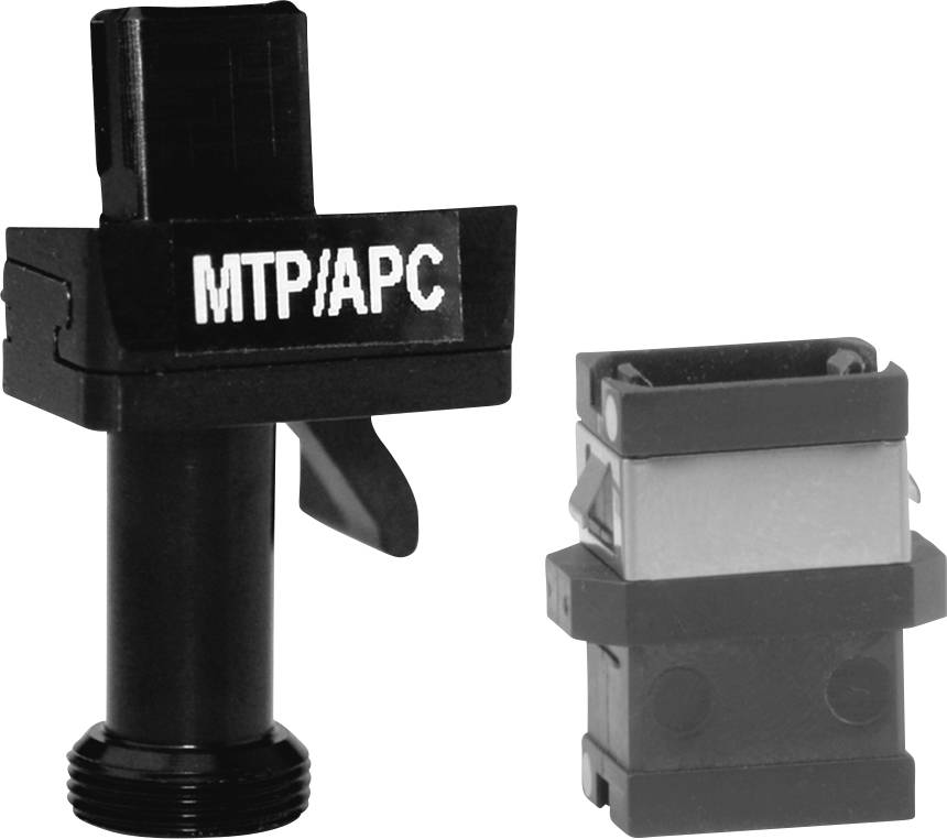 Two black optical adapters and connectors, one labelled 'MTP/APC'. They are used for connecting fibre optic cables.