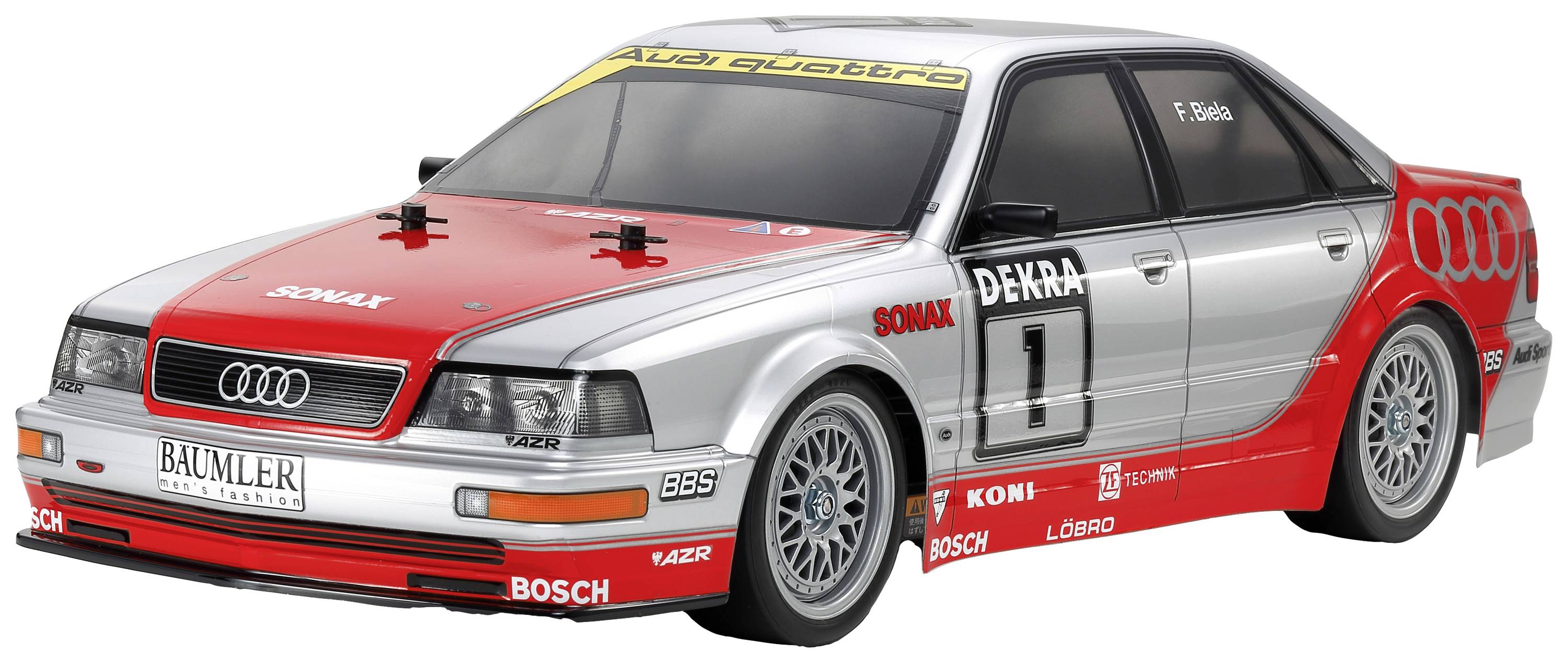 Red and silver-grey Audi racing car model with sponsor decals and race number '1'.