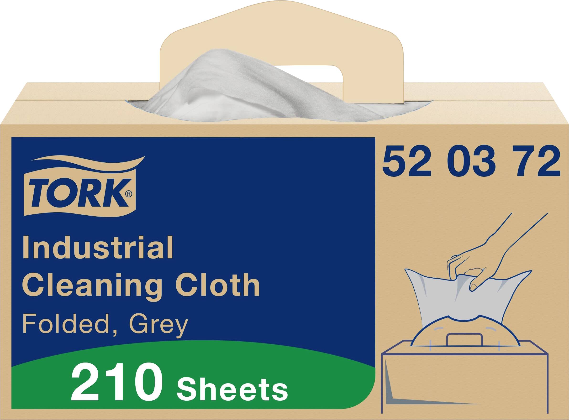 Pack of 210 grey industrial cleaning wipes by Tork, foldable. Blue and green print on the packaging.