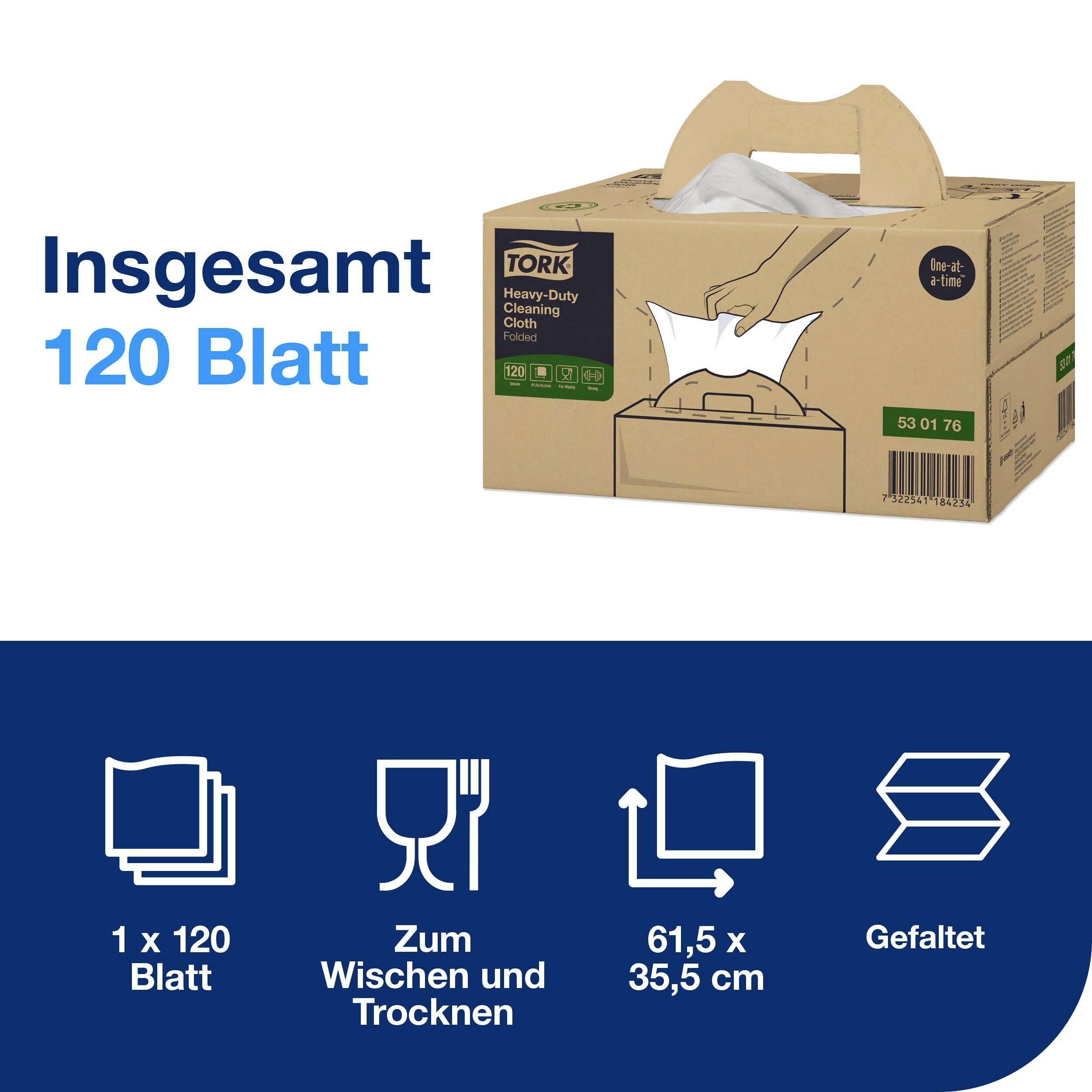 'Total 120 sheets; 1 x 120 sheets; For drying; 61.5 x 35.5 cm; Folded.' Packaging with 'Tork' inscription top right.