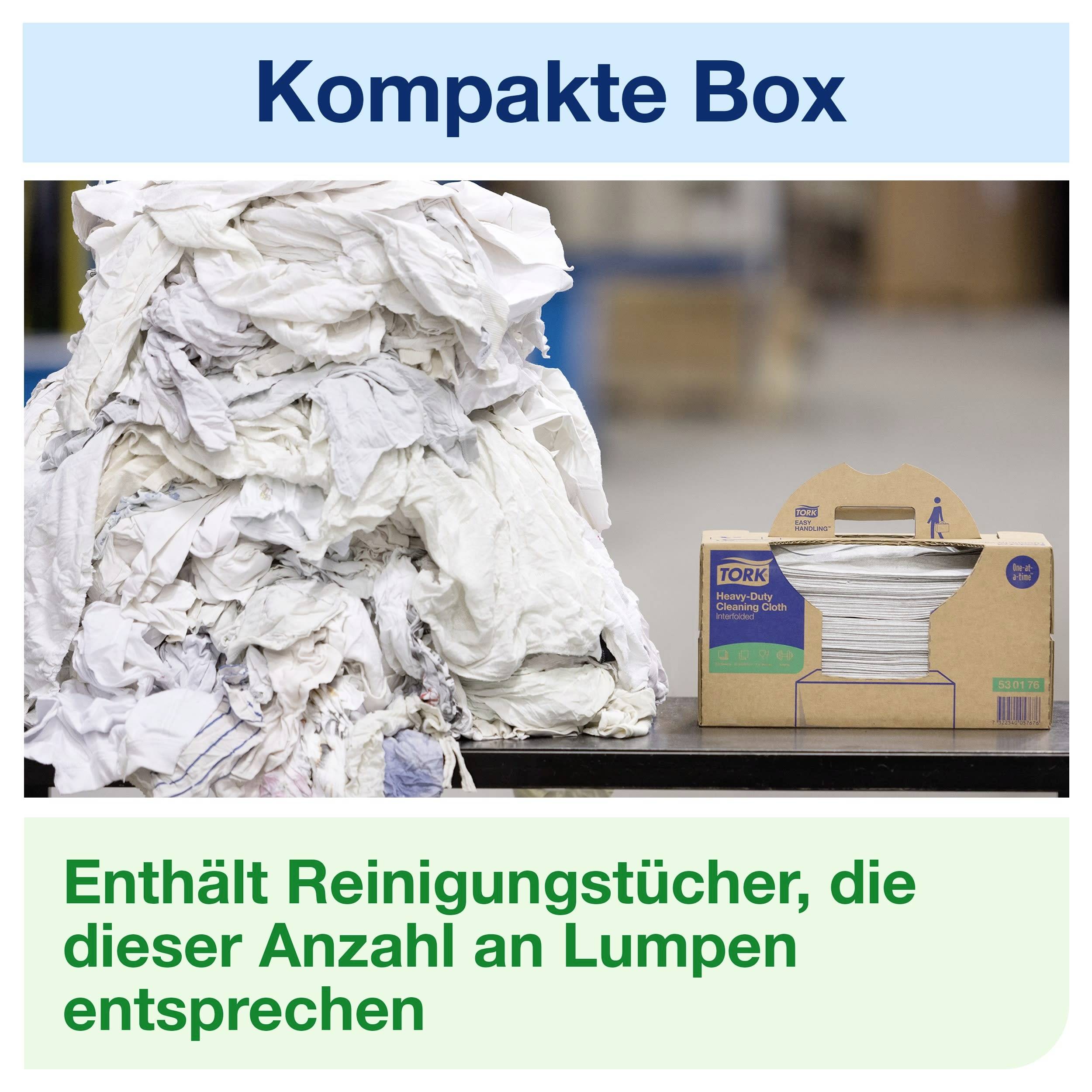 A large pile of rags next to a box of cleaning wipes. Text: 'Contains cleaning wipes equivalent to this number of rags'.