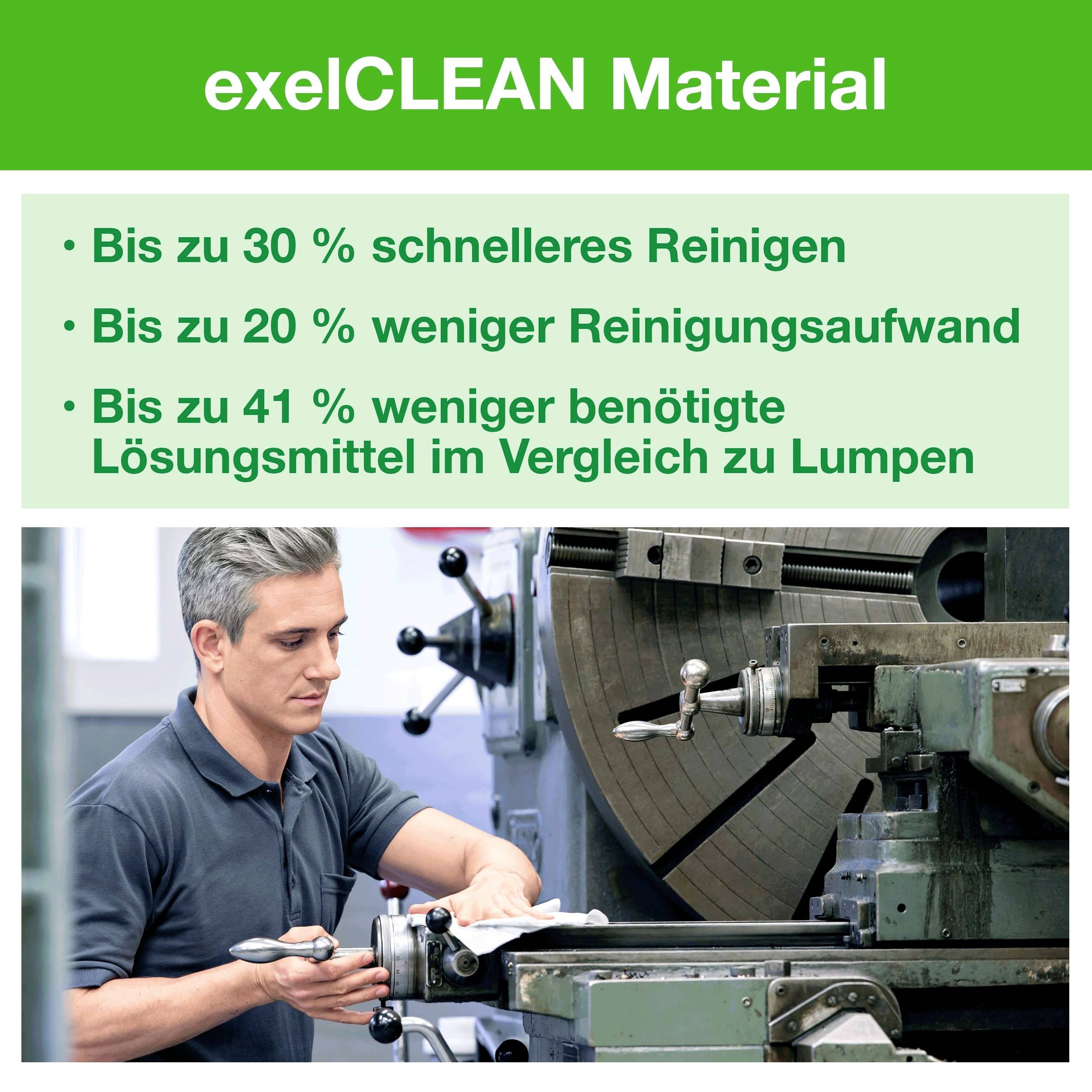 Man cleans machine with cloth. Text: exelCLEAN Material. Up to 30% faster. Up to 20% less effort. Up to 41% fewer solvents.