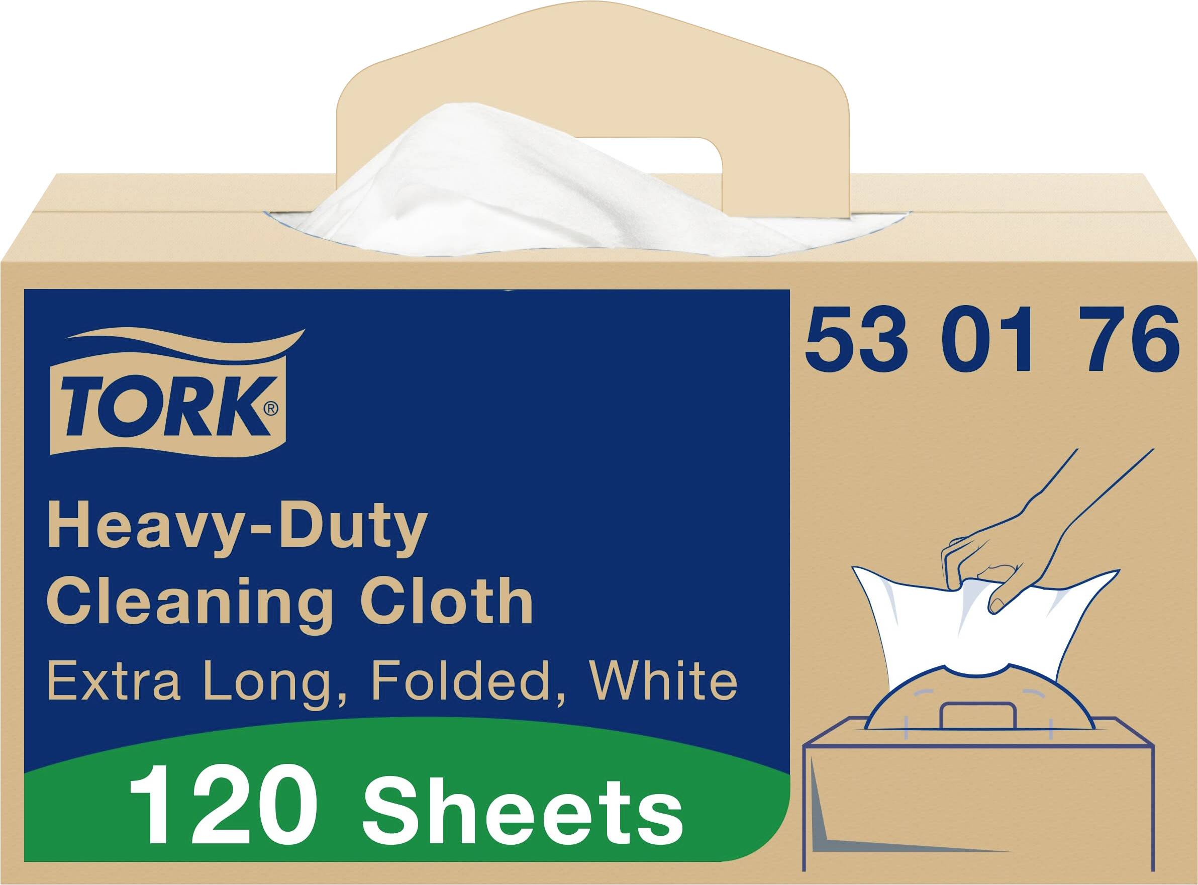 Packaging for 'Tork Heavy-Duty Cleaning Cloth', 120 sheets, extra long, folded, white, with an image of a cloth being pulled out.
