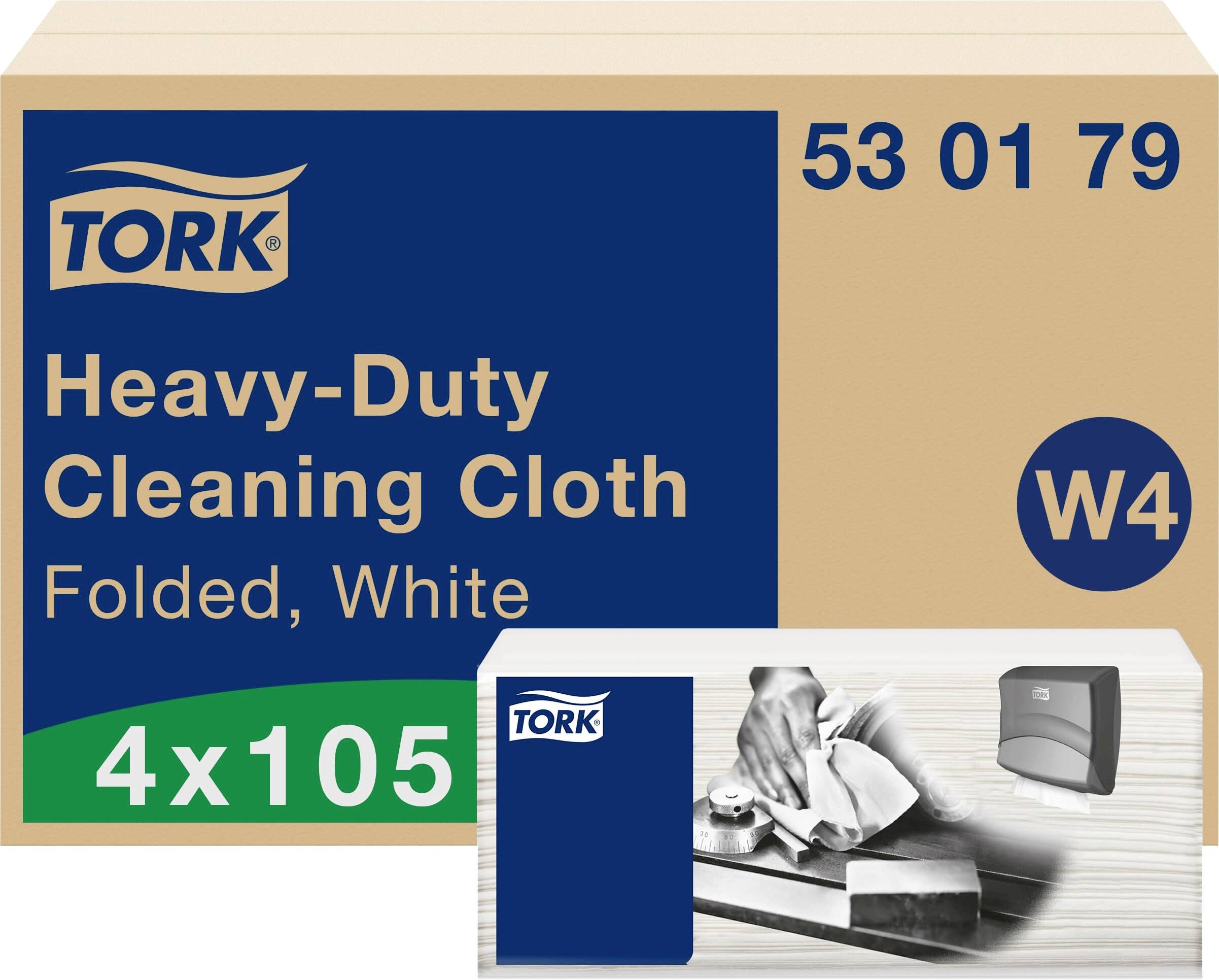 Cardboard box labelled 'Tork Heavy-Duty Cleaning Cloth, Folded, White, 4x105'. Image shows cleaning with cloth and accompanying dispenser.