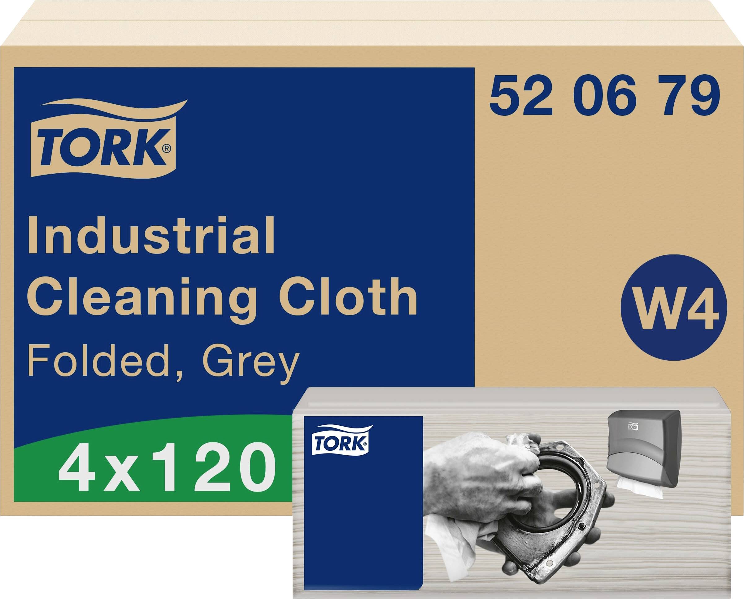 Tork Industrial Cleaning Cloth packaging, folded, grey. Contains 4 packs of 120 cloths.