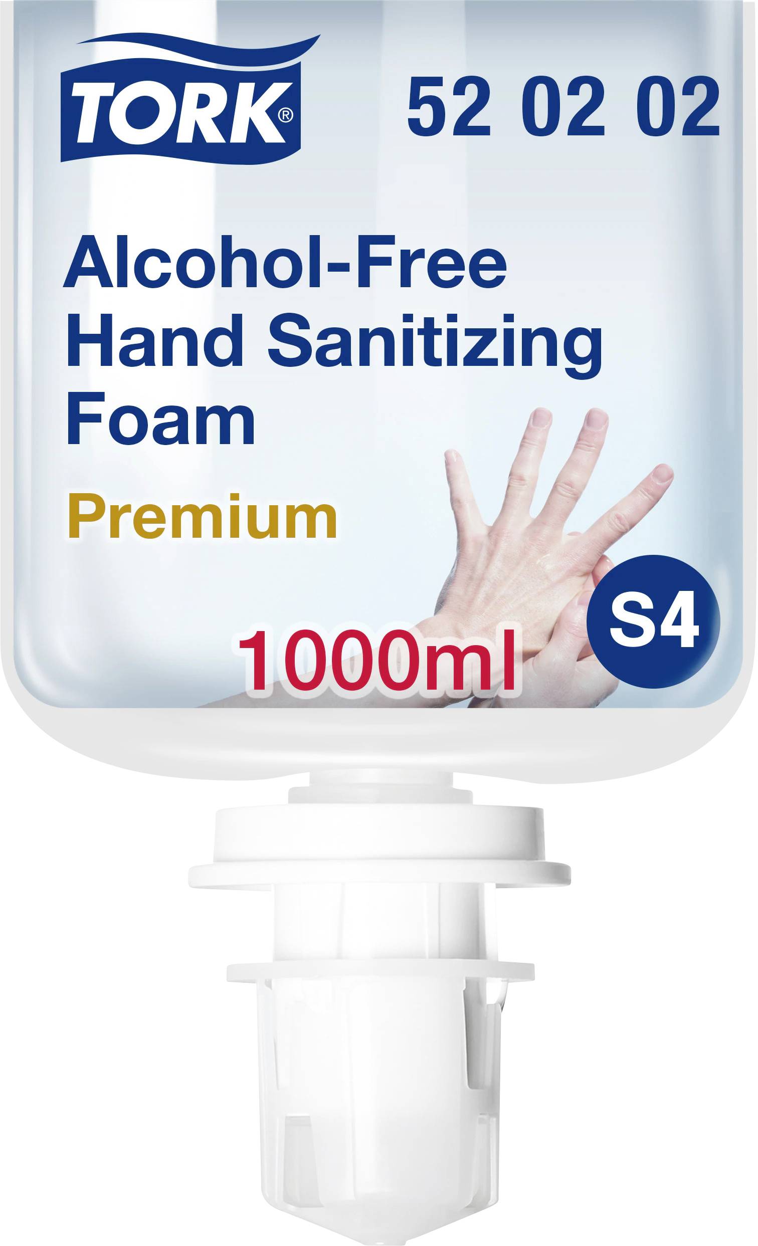 Dispenser bottle with alcohol-free hand sanitiser foam, 1000ml. Tork brand, premium quality, S4 system, depicting hands.